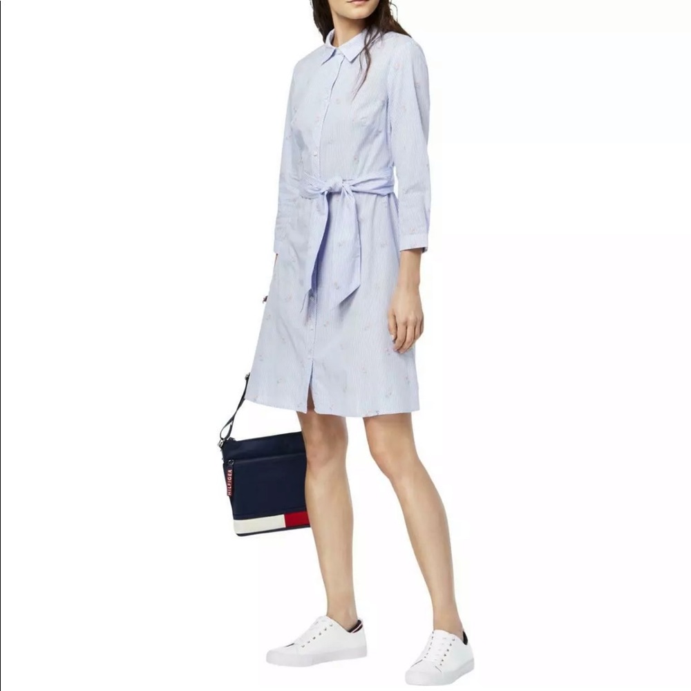 Tommy Hilfiger Blue Embroidered Striped Shirtdress